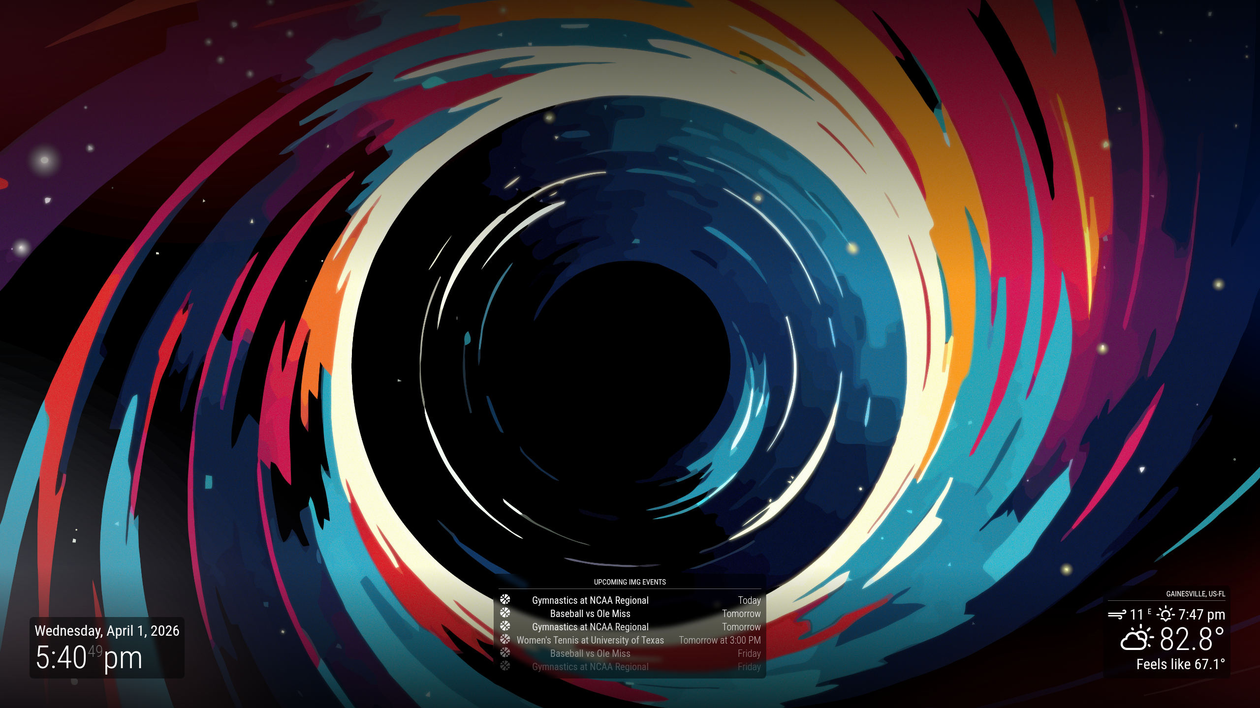 The digital display showing a background image with local weather, time, and events.